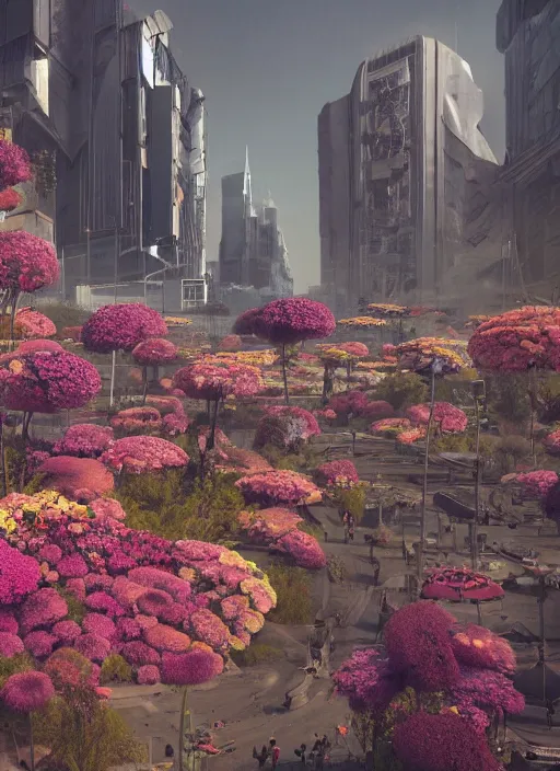 Image similar to A dystopian future in a city covered in flowers from an alien planet in another solar system, evil, demonic, echanting, angelic, flowers, nature, city, symmetry, environment concept, cinematic, Rendered in Octane, trending on artstation, cgsociety, moody lighting rendered by octane engine, environment 8K artstation, cinematic lighting, intricate details, 8k detail post processing, hyperealistic, octane render, photo realism, visually inspired by Blade Runner 2049