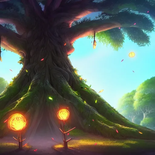 Prompt: very large, old tree, with vanes all over it. epic tree. tiny bugs and fireflies. slightly glowing air. magic, fantasy, ghibli studio, anime, unreal engine, artstation, all seasons