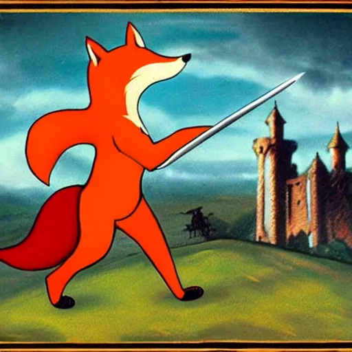 Image similar to anthropomorphic fox!! who is a medieval knight holding a sword towards a stormy thundercloud [ 1 9 3 0 s film still ], ( castle in the background )