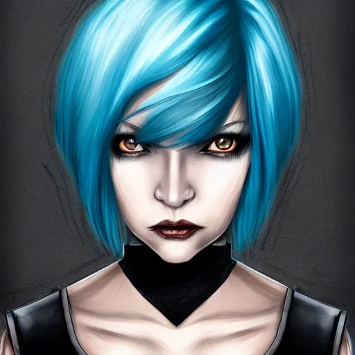 Image similar to illustrated realistic portrait female ram-horned kobold with asymmetrical bob haircut blue hair with black evil devil eyes wearing strap leather armor by rossdraws