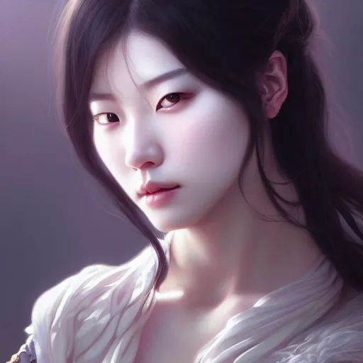 Prompt: Portrait of female korean idol, D&D, face, dark fantasy, intricate, elegant, highly detailed, digital painting, artstation, concept art, smooth, sharp focus, illustration, art by artgerm and greg rutkowski and alphonse mucha