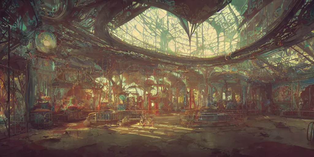 Image similar to abandoned amusement park interior design, Moebius, Greg Rutkowski, Zabrocki, Karlkka, Jayison Devadas, Phuoc Quan, trending on Artstation, 8K, ultra wide angle, pincushion lens effect.