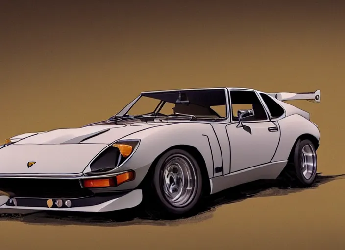 Prompt: a blending, amalgamation and detailed combination of a lamborghini countach, datsun 2 6 0 z and a jaguar e - type, concept art, round headlights, long engine bay, 8 k, highly detailed, trending on art station, dramatic lighting