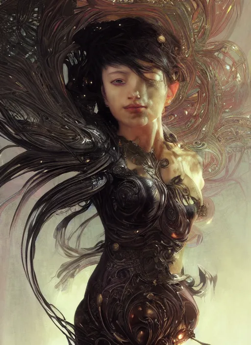 Prompt: beautiful hyper detailed woman covered by black oil, intricate lights, venomize, phoenix, bio luminescent, plasma, by ruan jia and artgerm and range murata and wlop and ross tran and william - adolphe bouguereau and beeple. key art. fantasy illustration. award winning, artstation, intricate details, realistic, 8 k.