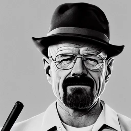 Prompt: Breaking Bad Walter White smiling while holding a baseball bat