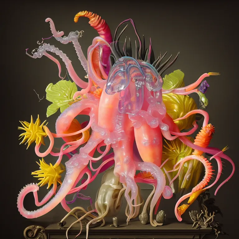 Prompt: still life of beautiful pastel tropical alien flowers, tropical fruit, human spine, plastic transparent translucent squid, colorful mold, muscle tissue, spikes, baroque painting, beautiful detailed intricate insanely detailed octane render, 8K artistic photography, photorealistic, chiaroscuro, Raphael, Caravaggio