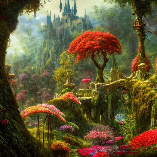 Image similar to a beautiful and highly detailed matte painting of a beautiful castle in a magical fantasy forest garden, colorful flowers and trees, psychedelic vegetation, epic scale, insanely complex, hyperdetailed, sharp focus, hyperrealism, artstation, cgsociety, 8 k, bright colors, by caspar friedrich, albert bierstadt, james gurney, brian froud,