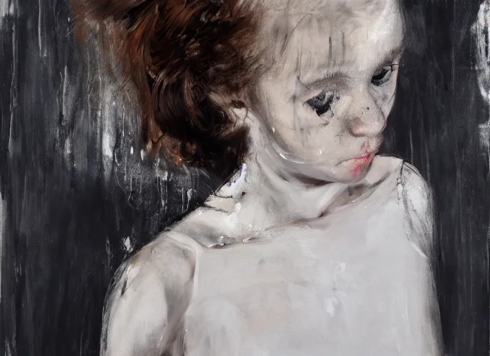 Prompt: young ballerina training in a big dark room, painted in style of marlene dumas, pat steir, oil painting, dripping paint, intricate details, psychologic, melancholic, symmetrical face, hyper detailed