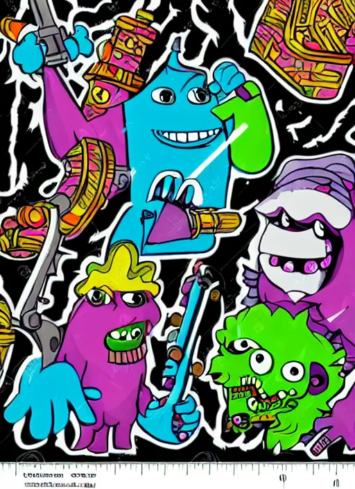 Image similar to beautiful graffiti monsters with a cannon for arm black background paper