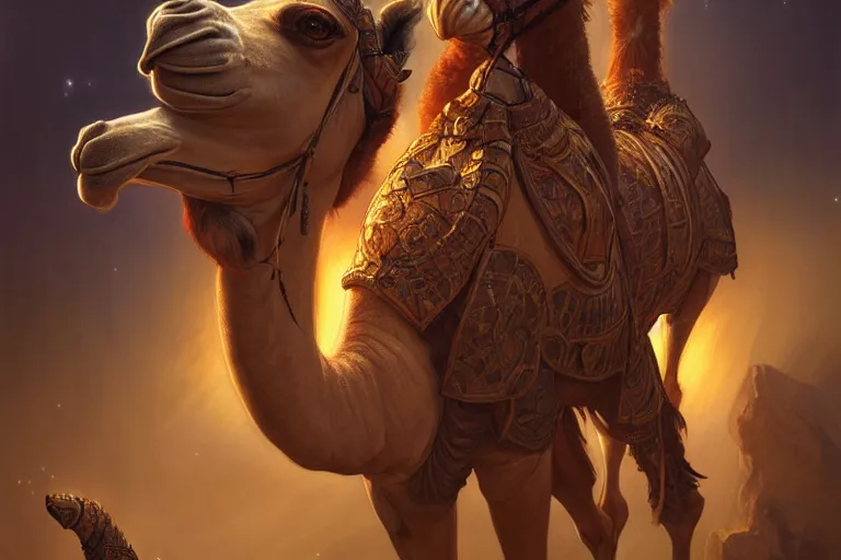 Prompt: triple headed camel, 1 0 0 1 night, deep focus, d & d, fantasy, intricate, elegant, highly detailed, digital painting, artstation, concept art, matte, sharp focus, illustration, hearthstone, art by artgerm and greg rutkowski and alphonse mucha