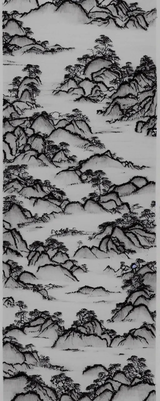 Image similar to beginning of autumn landscape, Traditional Chinese ink painting style.