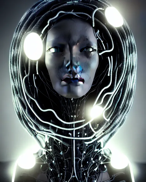 Image similar to black and white cyborg-plant goddess high quality photo, microchip, artificial intelligence, bio-mechanical bio-luminescence, black wired cables, neurons, nerve cells, octane render, cinematic, rim light, hyper realism, photo-realistic, high detail, 8k, masterpiece, high fashion, in the style of Steven Meisel and Dora Maar and H.G. Giger