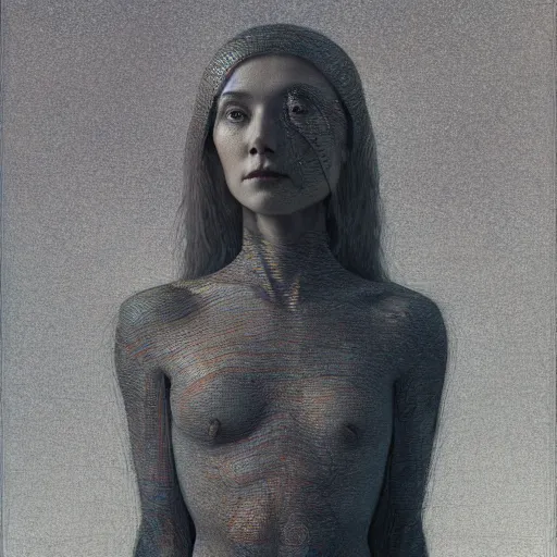 Image similar to Woman, tesseract, flat background, by Edgar Maxence and Ross Tran, Zdzisław Beksiński, and Michael Whelan, distant, gustav dore, H.R. Giger, 8k, octane render