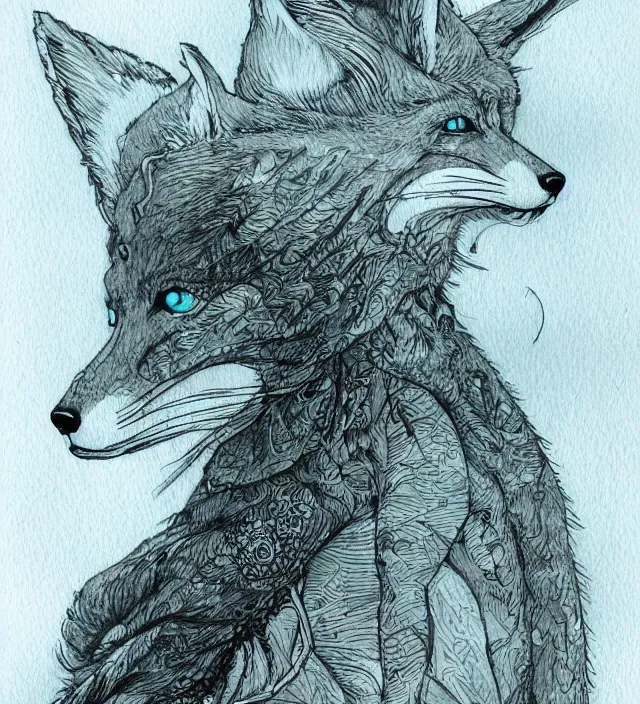 Image similar to a 3 / 4 view watercolor ink painting of an anthromorphic fox as a witch in the style of jean giraud in the style of moebius trending on artstation deviantart pinterest detailed realistic hd 8 k high resolution