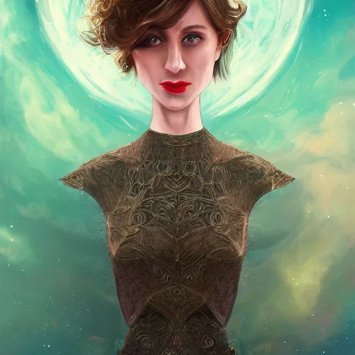 Image similar to a portrait photo of a young woman with medium - short brown hair, an intricate dress, and green eyes, floating in space, trending on artstation