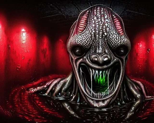 Image similar to sketch of realistic long textured demon wet humanoid alien, smoke, large alien eyes, metallic reflective human teeth dripping greenish acid saliva from teeth, thin red veins, intricate grey fish scales, ornate, cinematic light shadows, reflections, crawling in a wet sewer pipe, dim flashlight lighting, insanely detailed, fisheye lens