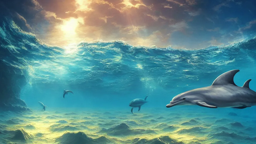 Image similar to underwater sea, summer, sun rays shining through the surface, dolphins swimming, peaceful, amazing, by andreas rocha and john howe, and Martin Johnson Heade, featured on artstation, featured on behance, golden ratio, ultrawide angle, f32, well composed
