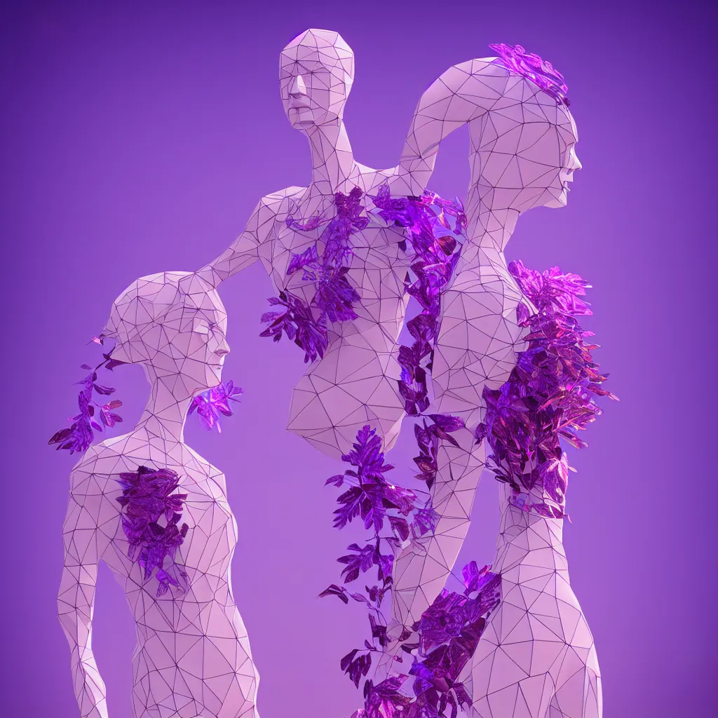 Image similar to beautiful mannequin sculpted out of amethyst by billelis + lit with 3 d geometric neon + facing a doorway opening with neon pink geometric fractal light + flowering hosta plants!!!, moon in background!, rule of thirds, clean linework, dramatic, award winning, 4 k, trending on artstation, photorealistic, volumetric lighting, octane render