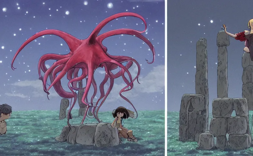 Image similar to a realistic cell - shaded studio ghibli concept art from paprika ( 2 0 0 6 ) of a flying multi - colored octopus from close encounters of the third kind ( 1 9 7 7 ) and a grey long - haired witch in a flooded stonehenge on a misty starry night. very dull colors, wide shot, hd, 4 k, hq