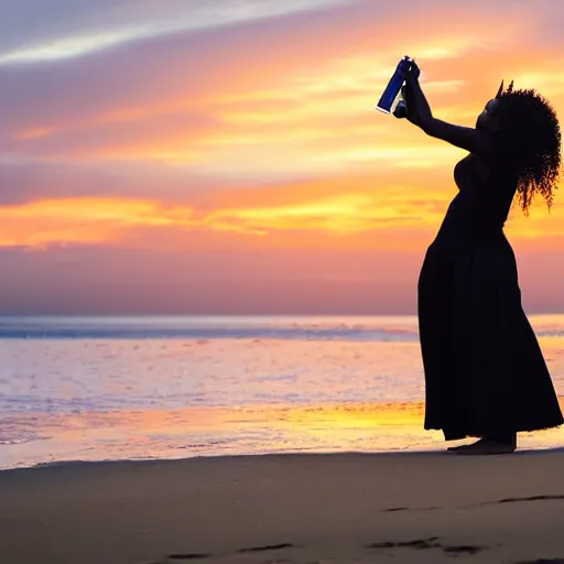 Prompt: a lightskin black woman photographer, taking photos at the beach, during sunset, with a bottle of liquor in her left hand, as a painting