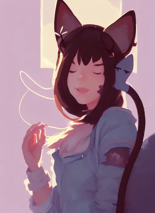 Prompt: portrait of cute catgirl with cat ears, by atey ghailan, by greg rutkowski, by greg tocchini, by james gilleard, by joe gb fenton, by in kaethe butcher, dynamic lighting, gradient light blue, brown, blonde cream and white color in scheme, grunge aesthetic