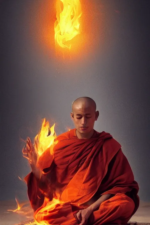 Image similar to A monk meditating in fire by Afshar Petros, Trending on artstation.