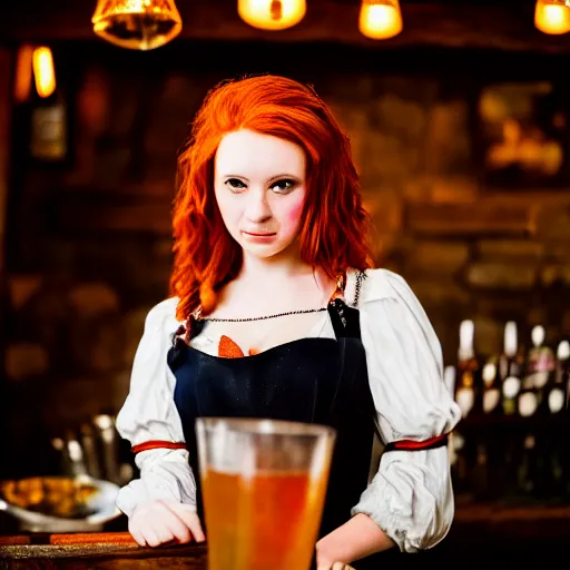 Image similar to beautiful bar maid with auburn hair, in a medieval tavern, dramatic, cinematic, filmic, 7 5 mm, f / 1. 8