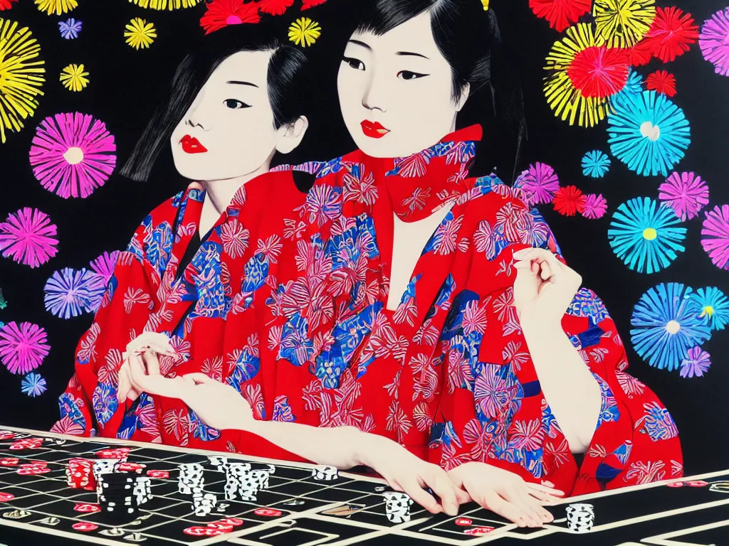 Image similar to hyperrealistim composition of the detailed single woman in a japanese kimono sitting at a extremely detailed poker table with darth vader, fireworks, river on the background, pop - art style, jacky tsai style, andy warhol style, acrylic on canvas