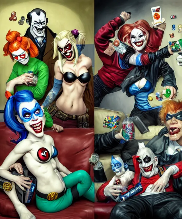 Image similar to Caricatures of Harley Quinn, Heath Ledgers Joker and Batman, playing video games on a couch together, Harley Quinn is winning, mum brings in milk and cookies. fun, funny, highly detailed, digital painting, artstation, concept art, smooth, sharp focus, illustration, art by artgerm and greg rutkowski and alphonse mucha