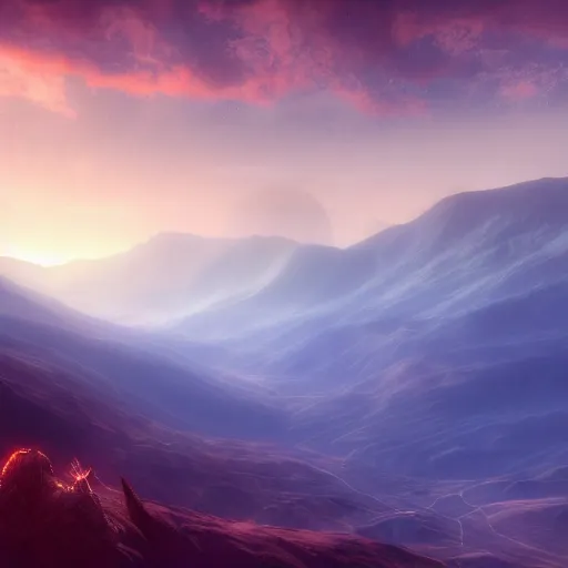 Prompt: huge valley, extreme drama, distant glow, hdr, movie still, fully photorealistic, artstation, beautiful concept art, sharp luminescent focus, nd 6, sony fx 6, glowing luminescent invocations