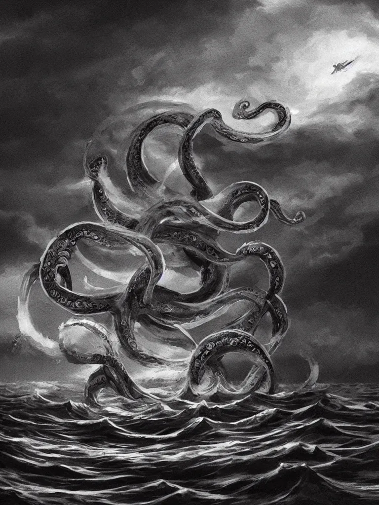 Image similar to minimalist digital art of a kraken attacking a ship on the surface of the ocean, detailed, dark, ominous