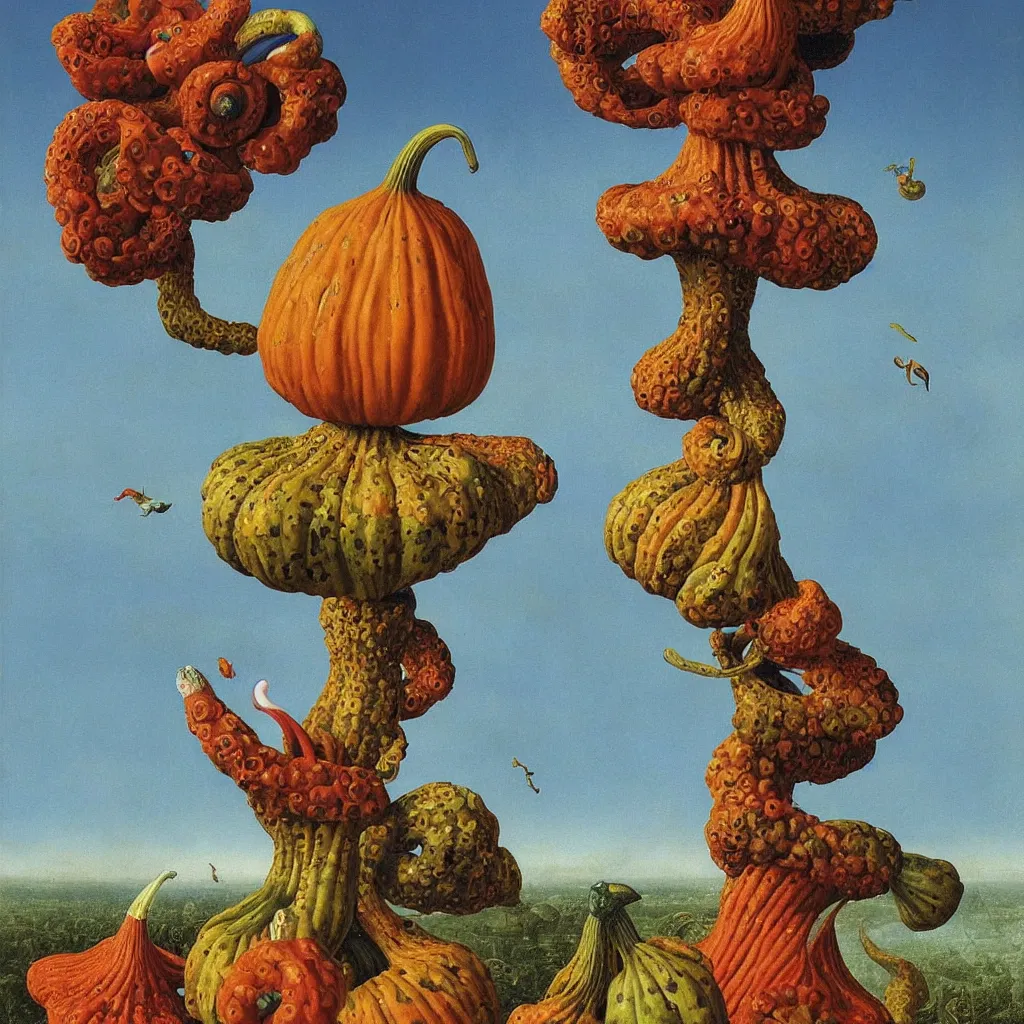 Image similar to a single! colorful! ( tentacle ) gourd fungus bird tower clear empty sky, a high contrast!! ultradetailed photorealistic painting by jan van eyck, audubon, rene magritte, agnes pelton, max ernst, walton ford, andreas achenbach, ernst haeckel, hard lighting, masterpiece