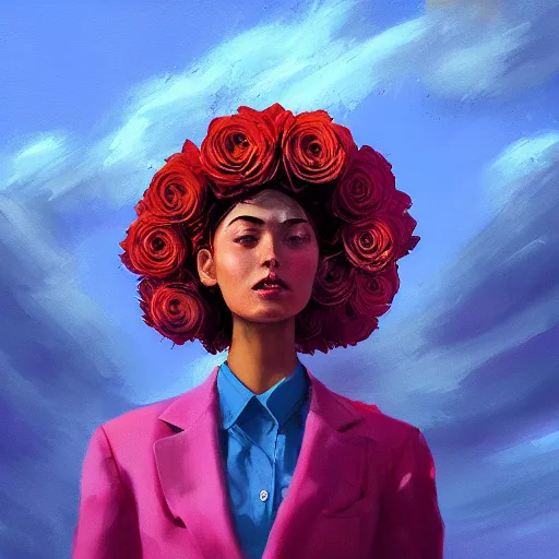 Image similar to closeup, huge rose flower head, frontal, girl in a suit, surreal photography, sunrise, blue sky, dramatic light, impressionist painting, digital painting, artstation, simon stalenhag