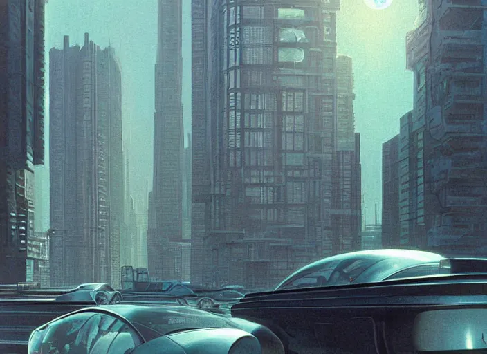 Image similar to a car driving down a street next to tall buildings the night at 9:00 am, cyberpunk art by Chesley Bonestell, cgsociety, retrofuturism, matte painting, reimagined by industrial light and magic