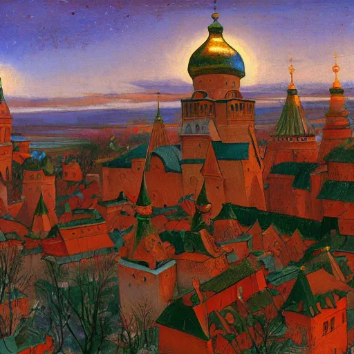 Image similar to photo beautiful magical ancient Slavic Russian city of Kitezh, fisheye lens, painting by Viktor Vasnetsov, concept art, magical city, fantasy cityscape, ancient Slavs, wooden buildings, ancient Russian architecture, terem, hyperborea, top cinematic lighting , cinematic mood, very detailed, 8k, painting by Nicholas Roerich, high resolution, trending on artstation, artstationHD,