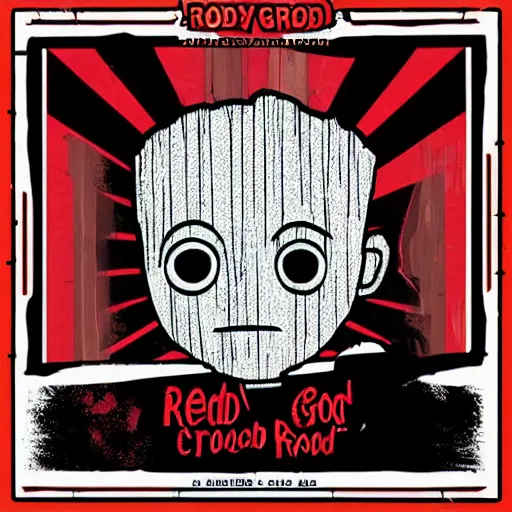 Image similar to baby groot and random english words with red and black colors as pop smoke album cover