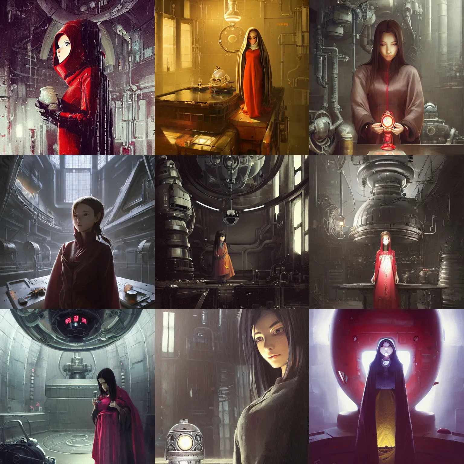 Prompt: Beautiful stunning portrait of Matryoshka by Greg Rutkowski. Aerith is hiding from a Shinra robot in the Reactor Core by Mark Arian. The Reactor Core is dark and stark and industrial by H.R. Giger. soft render, octane, intricate painting by Moebius. artstation Blank Canvas Scene by Tetsuya Nomura.