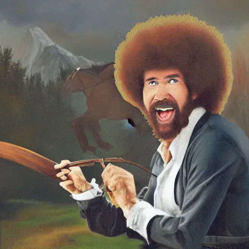 Image similar to bob ross screaming on horse by remington