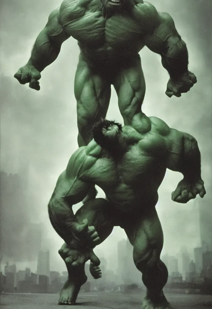 Image similar to a color photo portrait of the incredible hulk looking angry in new york city by richard avedon dramatic lighting.