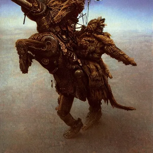 Prompt: winged hussar riding a war bear in armor, beksinski