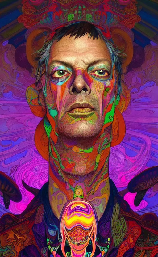 Image similar to An extremely psychedelic portrait of larry harvey, colorful, surreal, dramatic lighting, magic mushrooms, psilocybin, LSD, face, detailed, intricate, elegant, highly detailed, digital painting, artstation, concept art, smooth, sharp focus, illustration, art by Krenz Cushart and Artem Demura and alphonse mucha