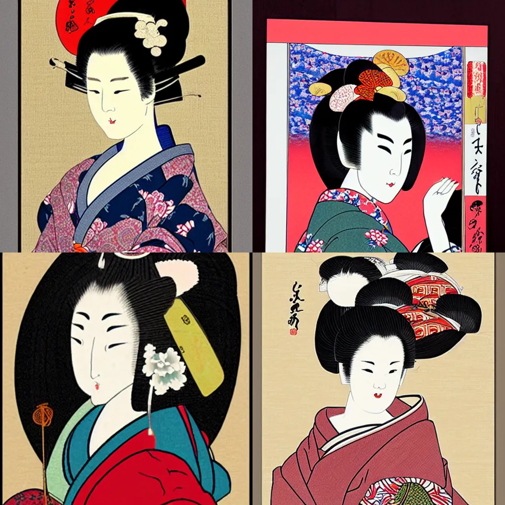 Prompt: beautiful geisha in the style of ukiyo - e art