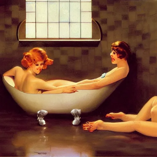 Image similar to three friends in a tub, art by edward mason eggleston, olivia, coby whitmore, rolf armstrong, wlop