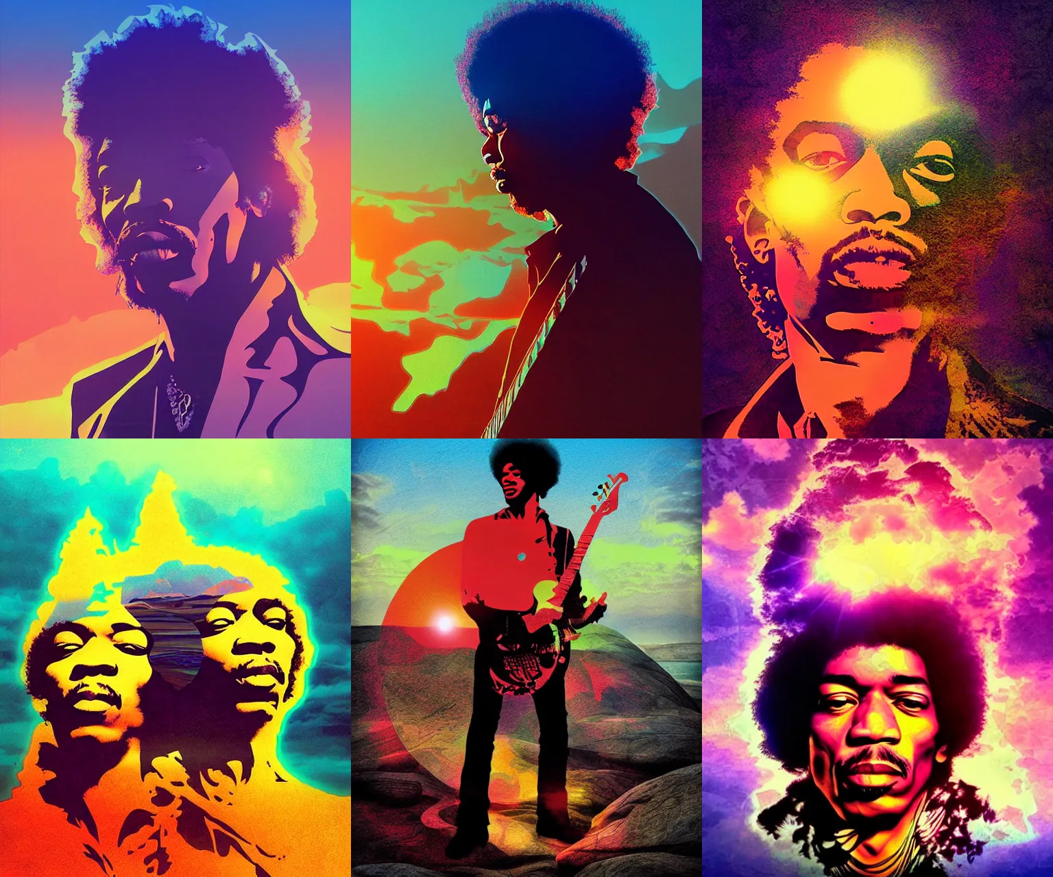 Prompt: Jimi Hendrix experimental double exposure stylized stone mountain sunrise, artgerm and ross tran, moebius, retro illustrated digital pop surrealism art