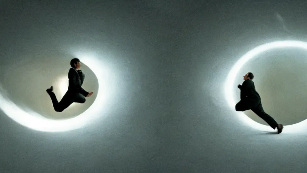 Image similar to A man falling into a 5 hour vortex, film still from the movie directed by Denis Villeneuve with art direction by Salvador Dalí, wide lens