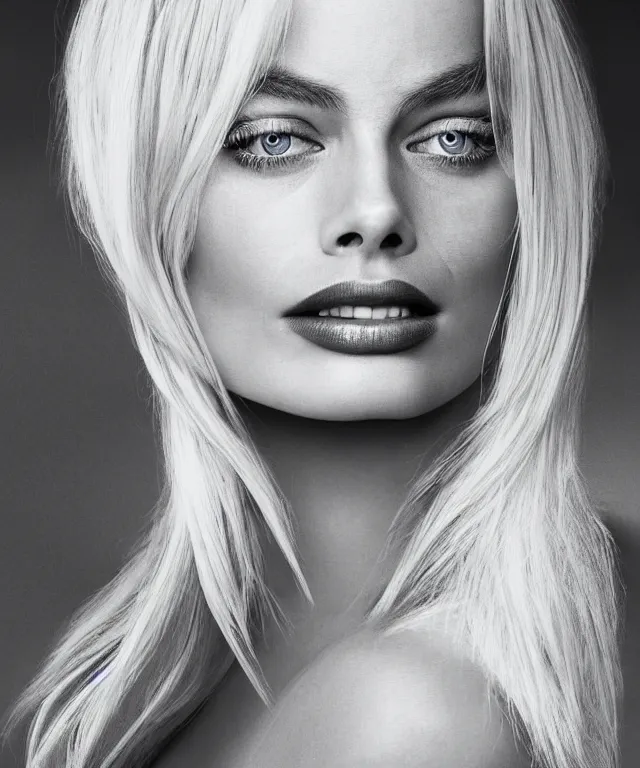 Image similar to photo of margot robbie, platinum blond, intense, exaggerated facial features, photorealistic caricature, by sebastian kruger