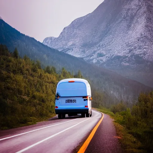 Prompt: white - blue bus on misty highway scene, the sun shining through the mountain peaks