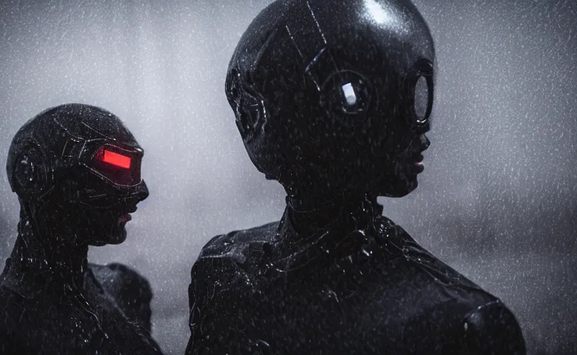 Image similar to cinestill 5 0 d candid photographic portrait by christopher nolan of two loving female androids wearing rugged black mesh techwear in treacherous waters, extreme closeup, modern cyberpunk moody emotional cinematic, pouring rain menacing alien ship lights, 8 k, hd, high resolution, 3 5 mm, f / 3 2, ultra realistic faces, ex machina