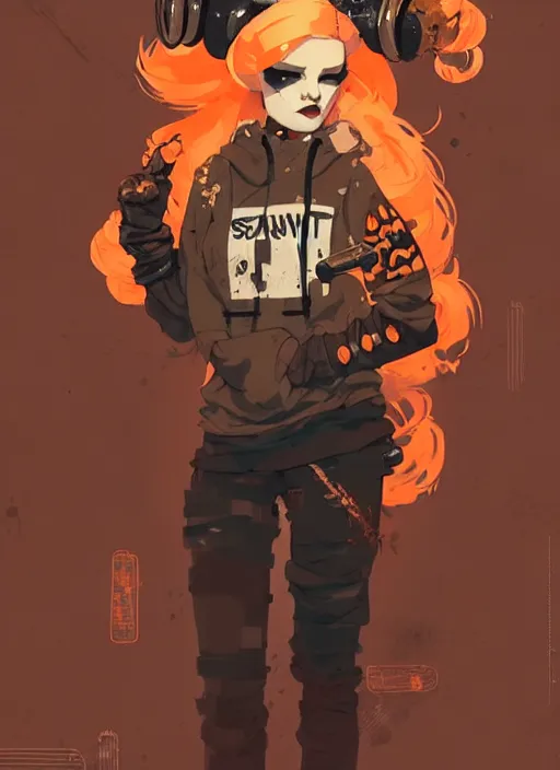 Image similar to highly detailed portrait of a sewer punk lady, tartan hoody, blonde ringlet hair by atey ghailan, by greg rutkowski, by greg tocchini, by james gilleard, by joe fenton, by kaethe butcher, gradient orange, black, cream and white color scheme, grunge aesthetic!!! ( ( graffiti tag wall background ) )