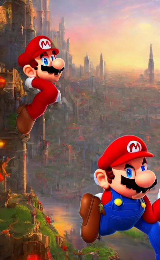 Prompt: a painting of mario, a city in the background, ultra detailed, high fantasy, 4 k, trending on artstation, cinematic, concept design